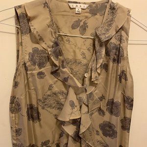 Sleeveless mushroom colored blouse w/floral print & ruffled v-neck (size S)